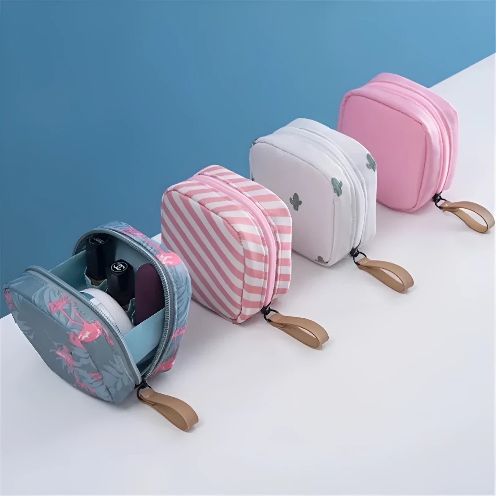 Cloth cube makeup storage bag organiser in a plain pattern, shown in blue, pink, white, and white pink colours.