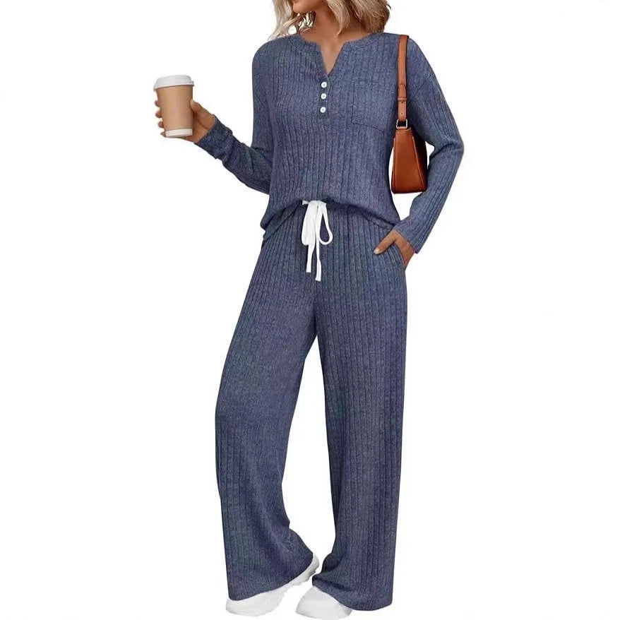 Women's V-neck striped knit long coat in light grey with long sleeves and pockets.