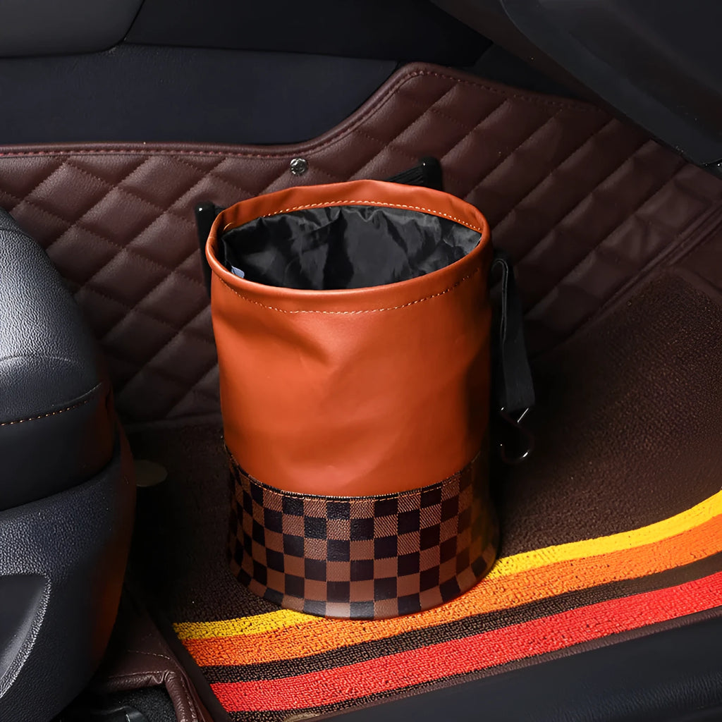 Brown leather car trash can with a handle, shown in folded and unfolded states