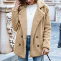 Women's loose lapel fluffy button-front winter coat in a choice of twelve colours