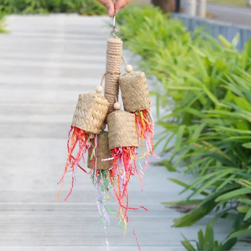 Wood and sisal shredded paper bird toy for parrots with colourful paper strips
