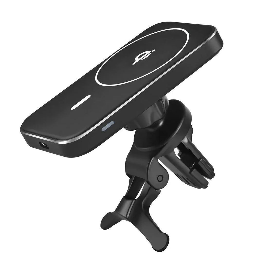 Black M6 magnetic wireless car charging bracket mounted on a car dashboard.