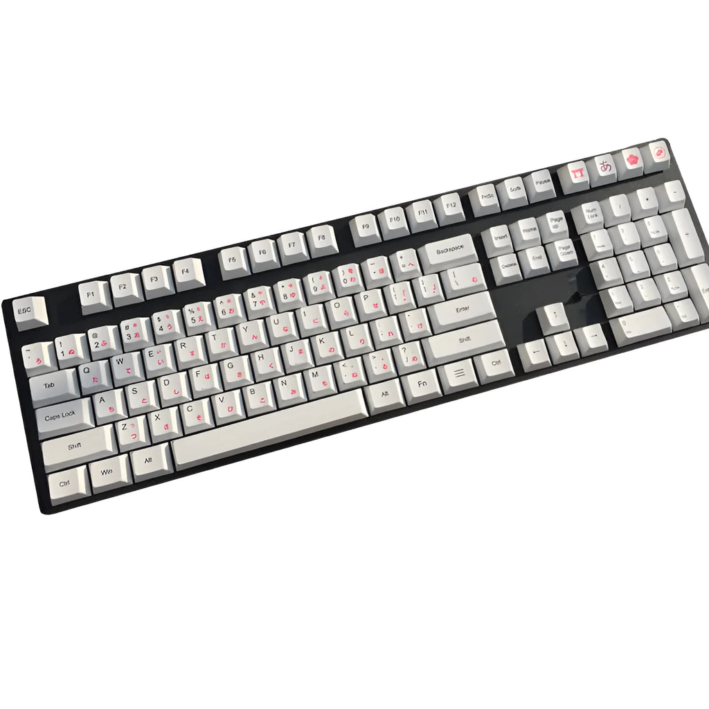 PBT thermal sublimation keycap set showing Japanese Russian Korean multilingual layouts with colour options