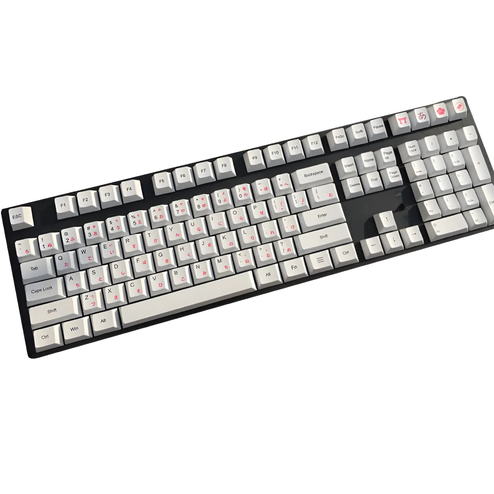 PBT thermal sublimation keycap set showing Japanese Russian Korean multilingual layouts with colour options