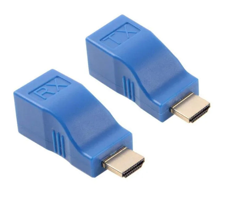 HDMI extender transmitter and receiver pair for signal extension over CAT-5e/6 cable up to 30 metres.