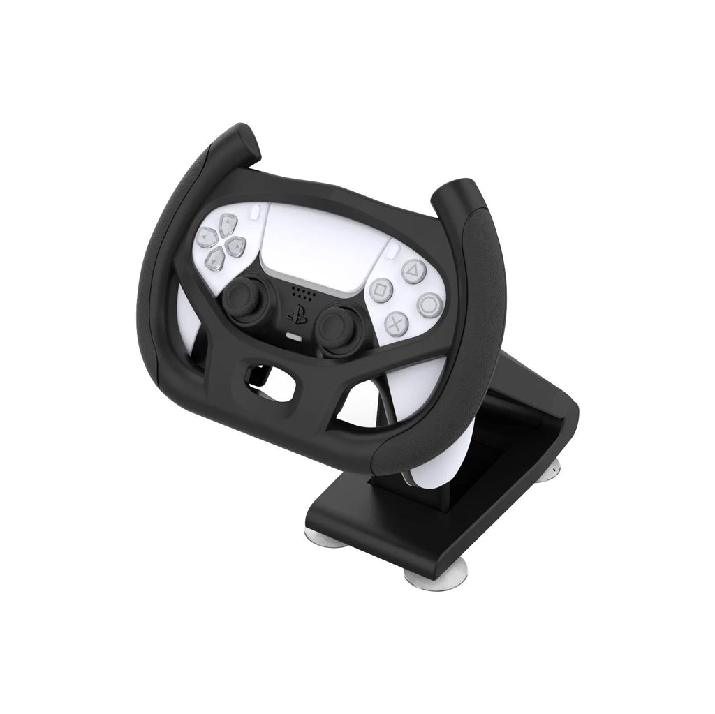 Black ABS plastic gamepad steering wheel bracket with suction cup base mounted to a table
