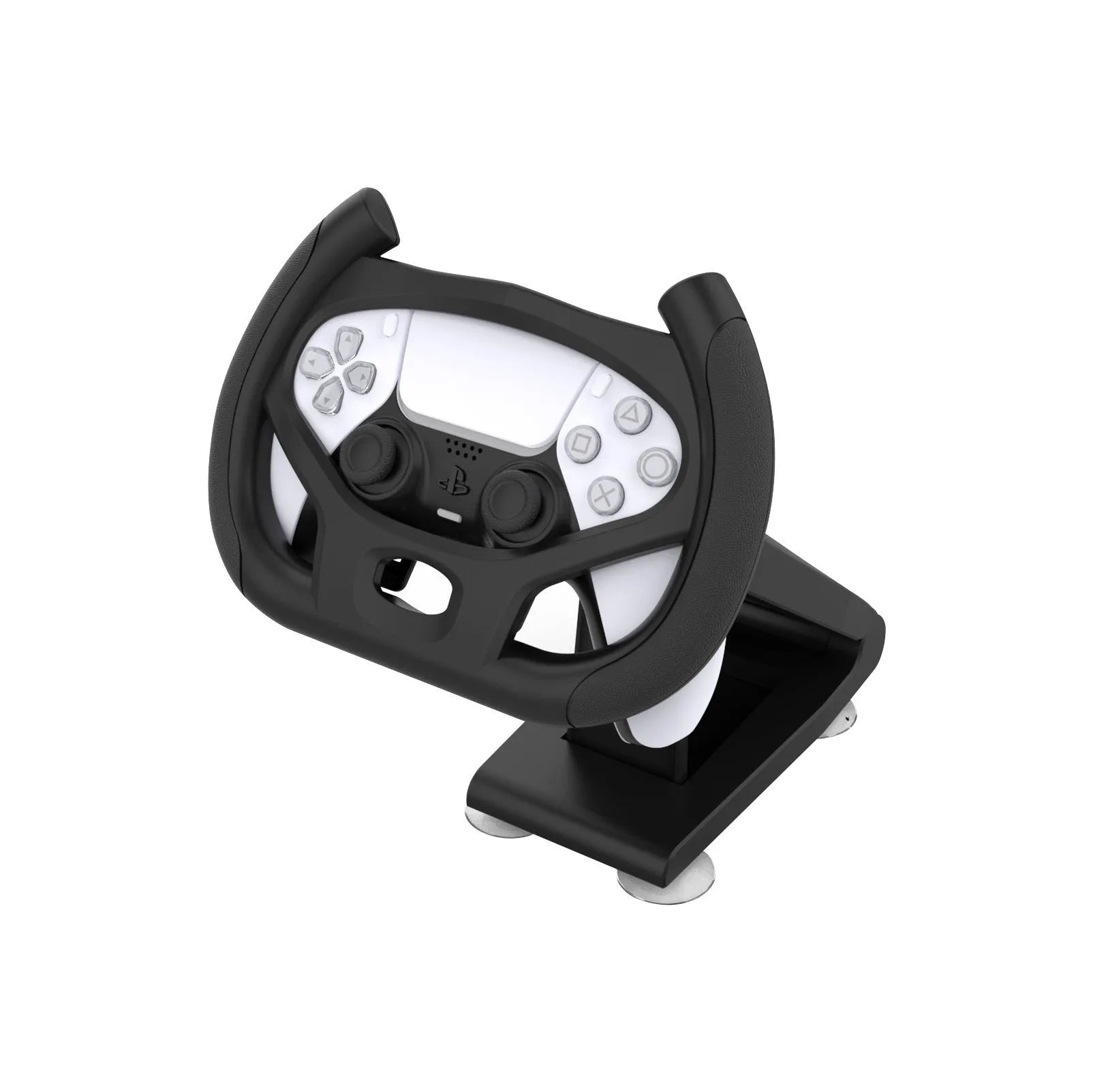 Black ABS plastic gamepad steering wheel bracket with suction cup base mounted to a table