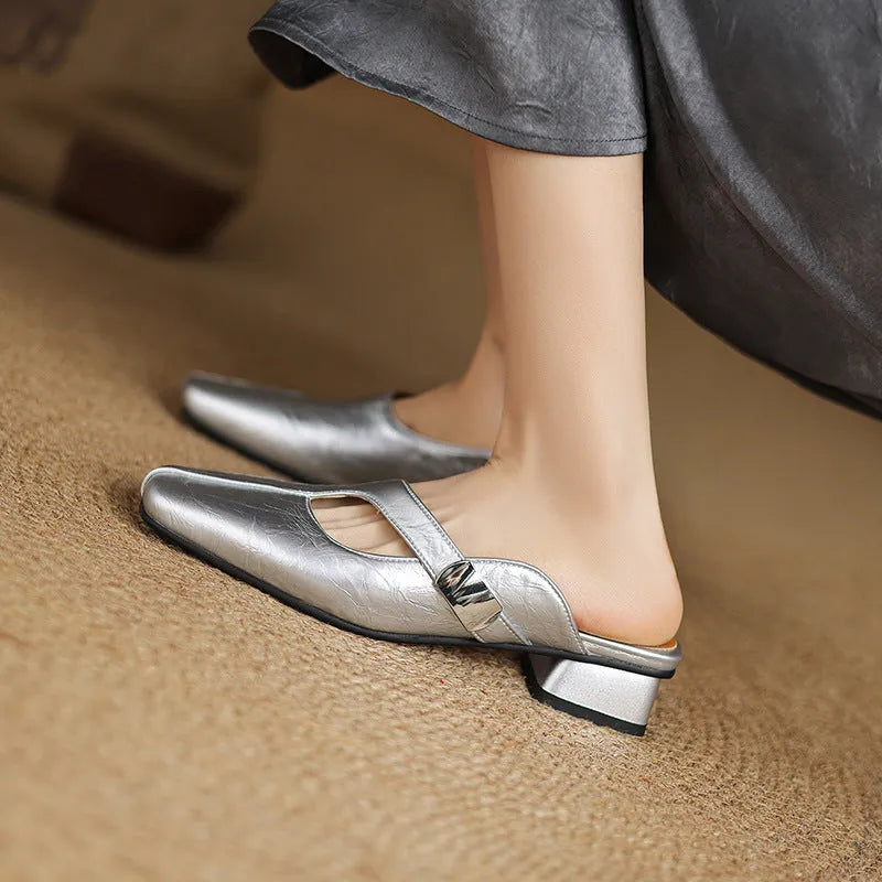 Square toe outdoor slippers in artificial PU with rubber sole available in black, beige, or silver colours