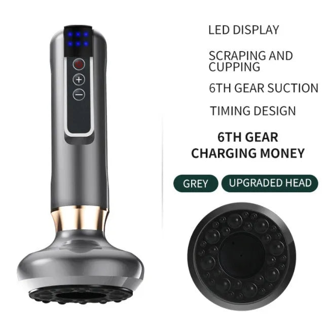 Green electric vacuum cupping massager with digital display and charging cable.