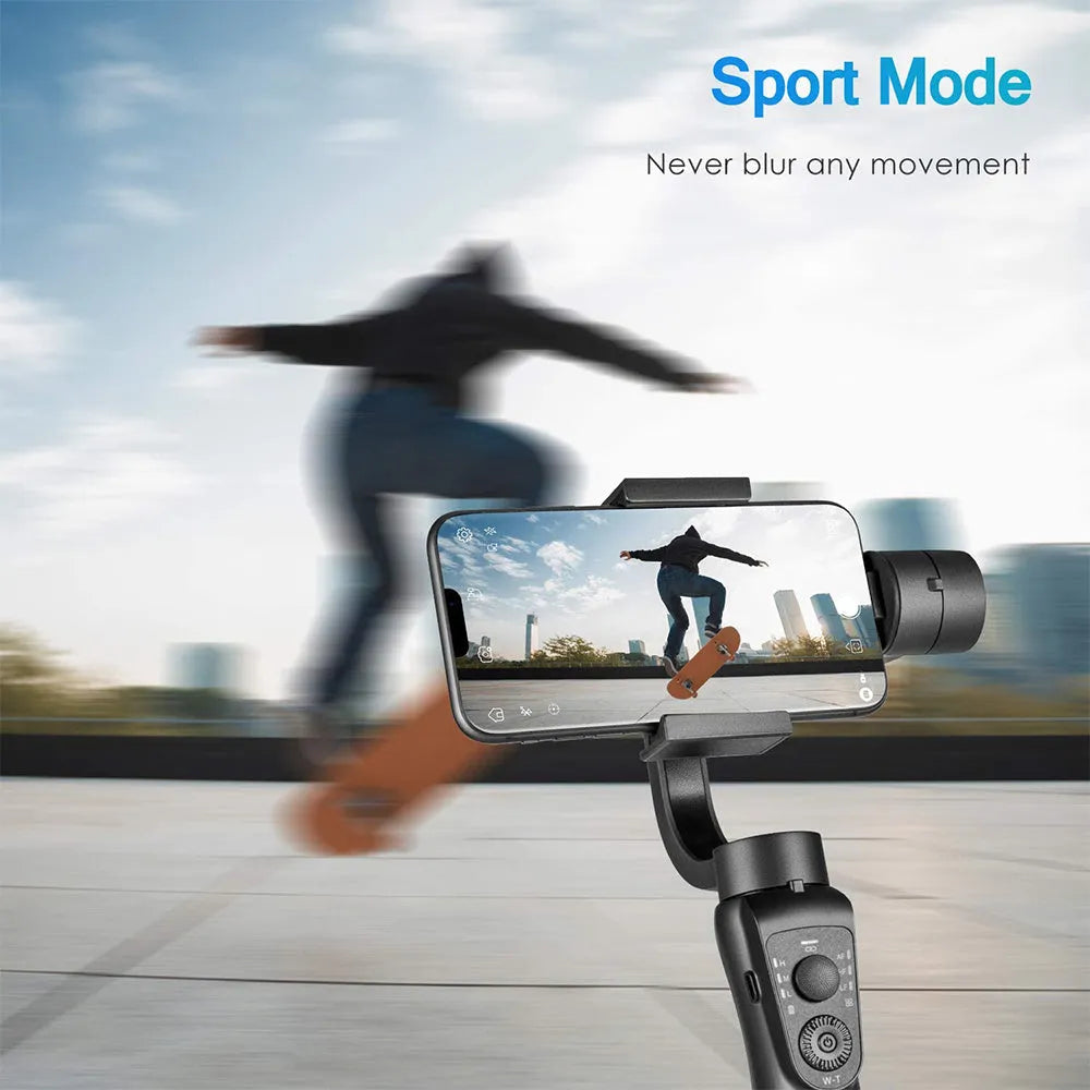 Black three-axis handheld gimbal stabilizer for mobile phones showing PTZ unit and handle