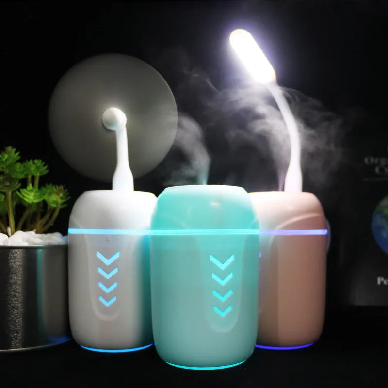 X3 portable car humidifier with columnar shape in blue, pink, or white colours showing USB port