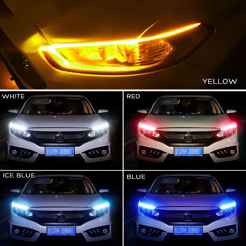 Car LED daytime running light strip with flowing turn signal indicator in silicone housing