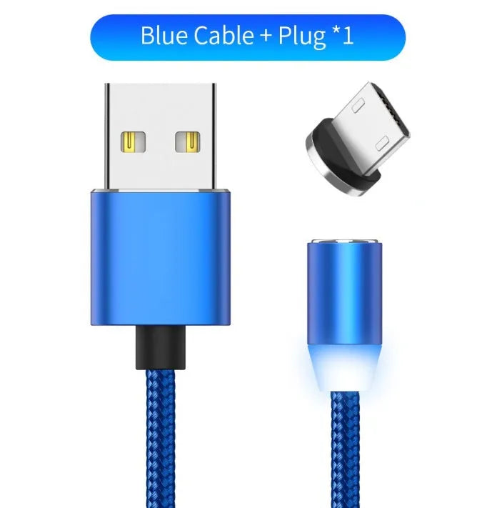 Black braided magnetic USB charging cable with LED light and aluminium connector.