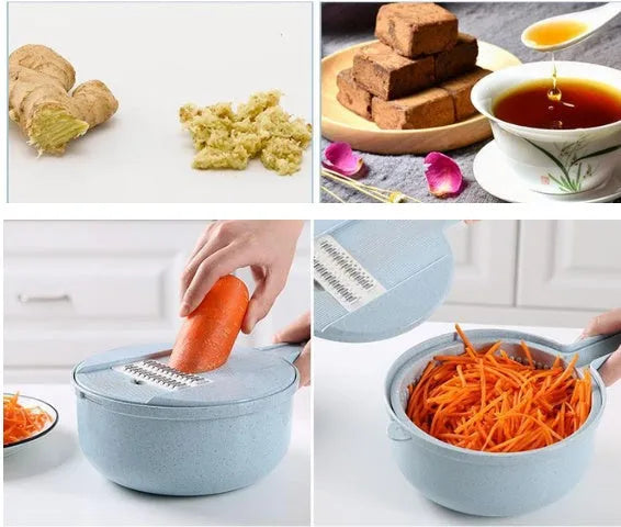 8-in-1 mandoline vegetable slicer with stainless steel blades and blue plastic body on kitchen counter