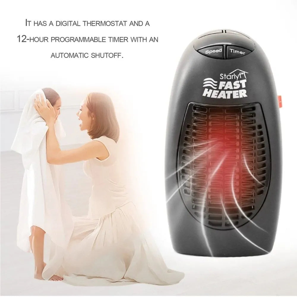 Black mini portable electric heater showing digital display and rotating plug on a white background.