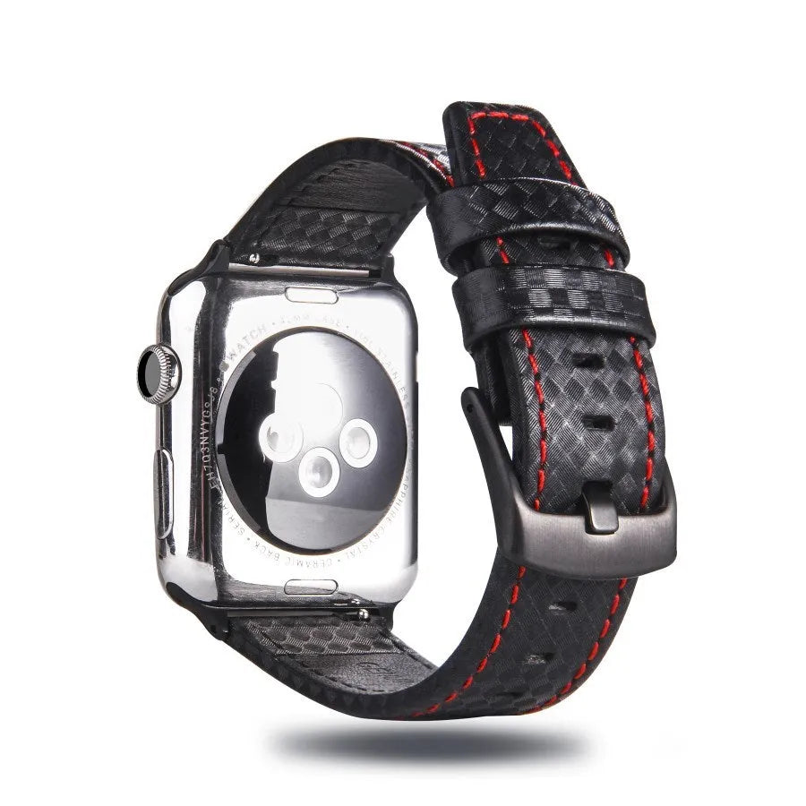 Leather Apple Watch strap with carbon fibre pattern case in black, blue, orange, and red colour options
