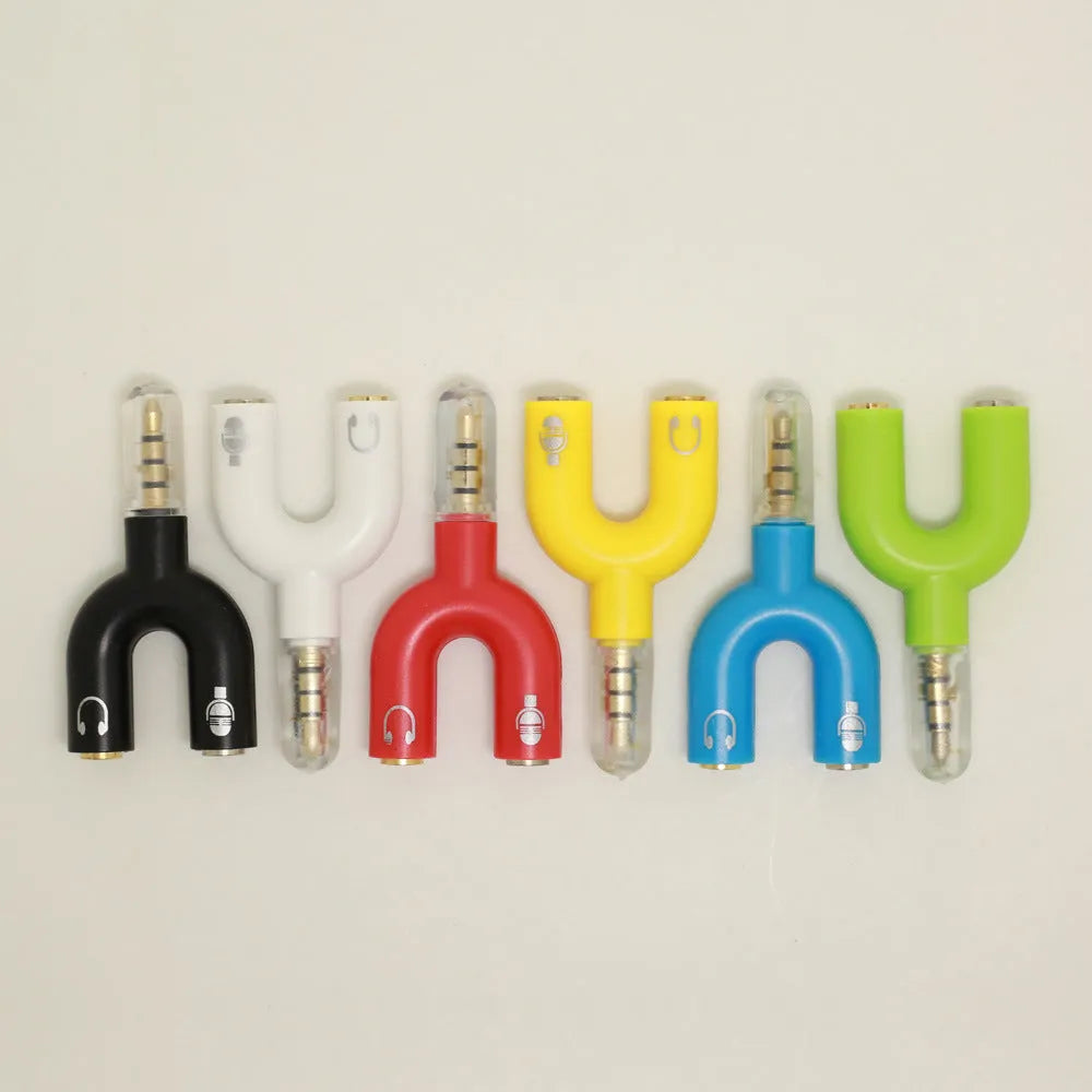 3.5mm mobile phone adapter headphone splitter in six colour options showing gold plated connections