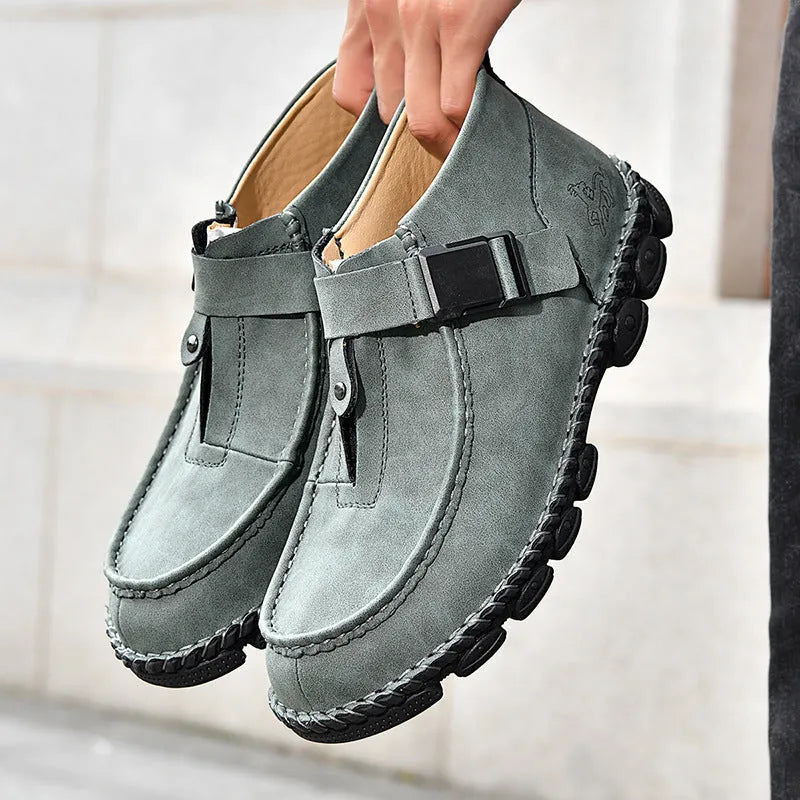 Handmade stitching casual flat bottom slip on lazy shoes in PU leather available in black, brown, green colours