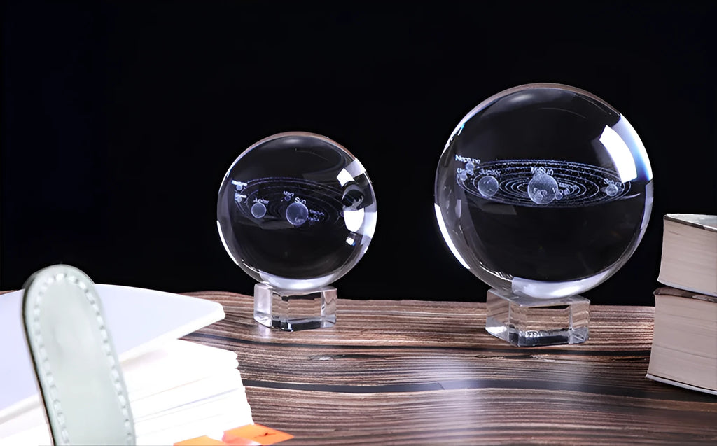 K9 crystal glass solar system ball with planets visible inside, available in 60mm 80mm 100mm sizes