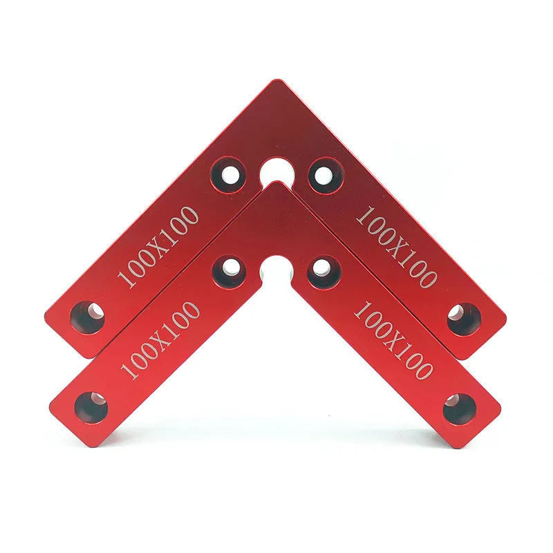 Aluminium right angle woodworking positioning block with scale, shown next to 100mm and 120mm size options.