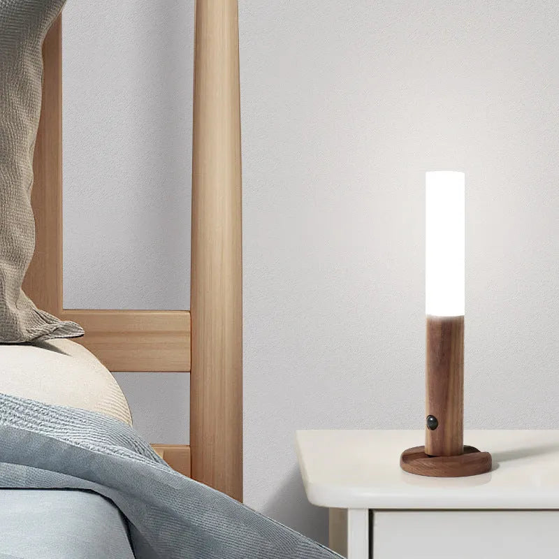 Smart sensor LED desk lamp in coffee colour with solid wood base and organic glass light diffuser