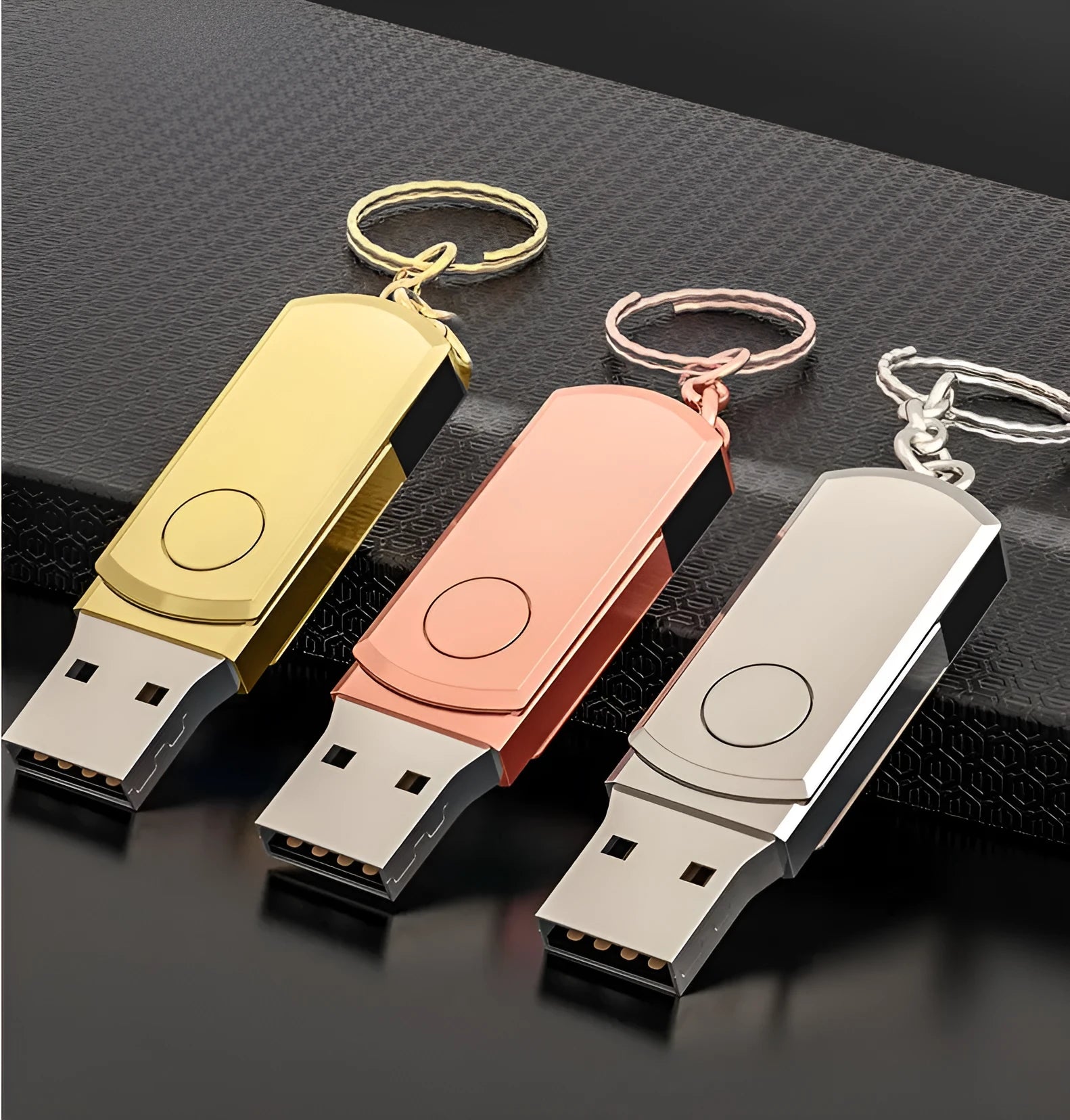 Metal USB flash drive for iPhone in Gold, 128GB or 256GB capacity, compact and portable