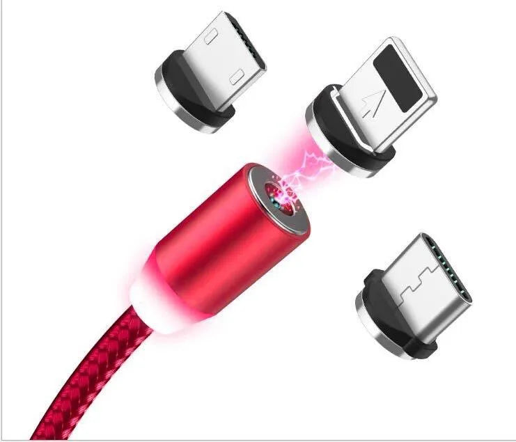 Black braided magnetic USB charging cable with LED light and aluminium connector.