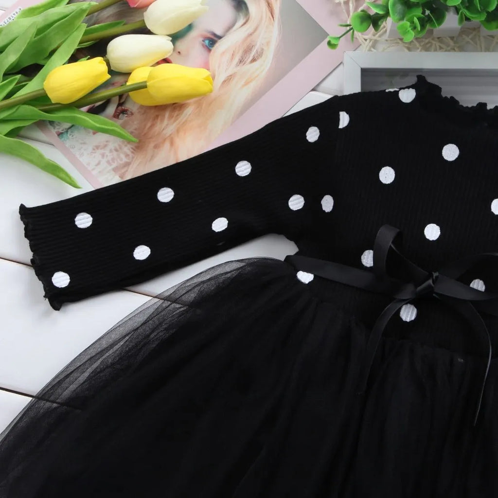Girls long sleeve black tutu lace dress with lace trim for birthday parties.