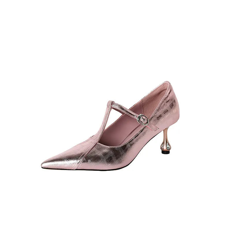 Women's gun colour Mary Jane pumps with chunky heel and pointed toe made from genuine sheepskin leather