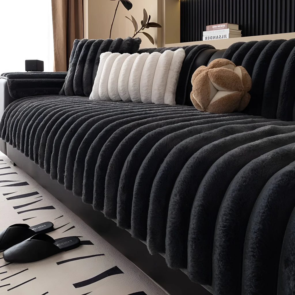 Striped rabbit plush flannel sofa cushion in dark gray with antislip backing