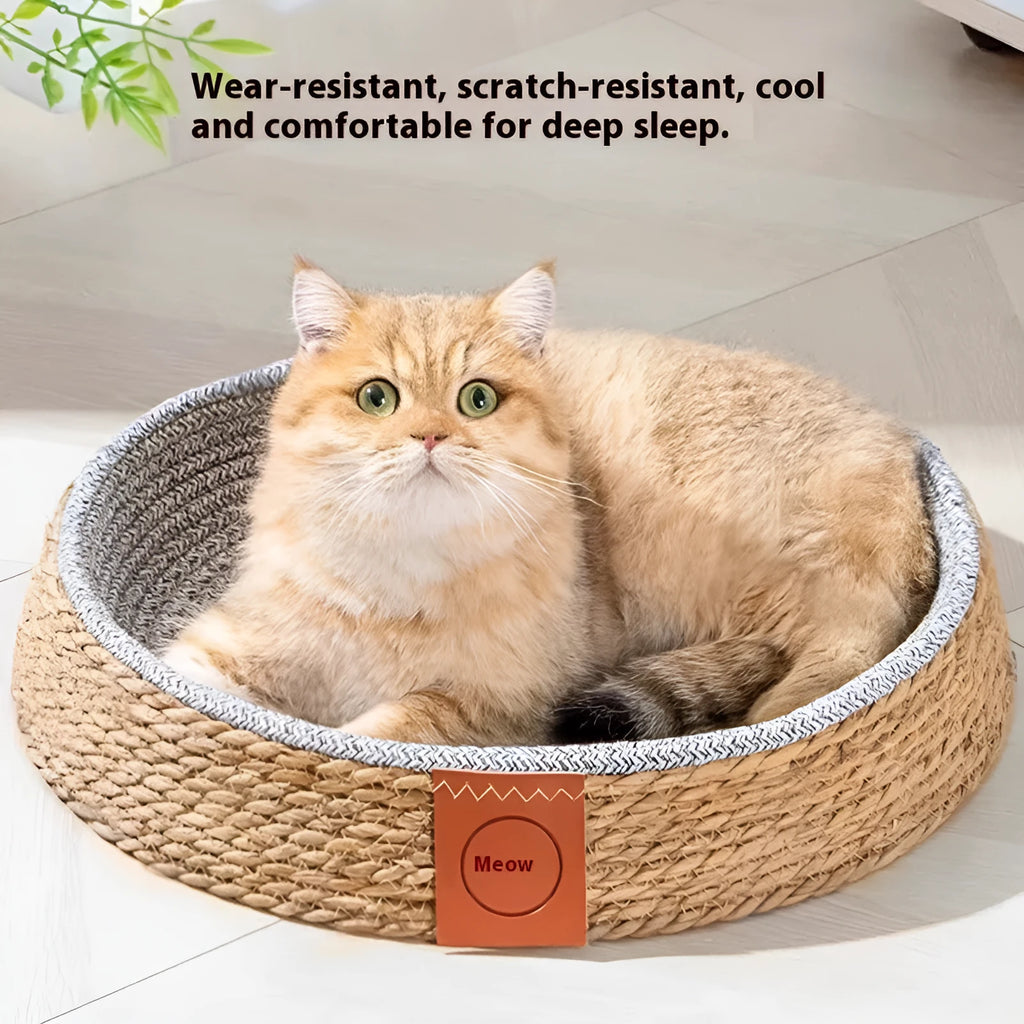 A natural woven rattan cat bed basket, shown in a single size, suitable for indoor use as a pet nest.
