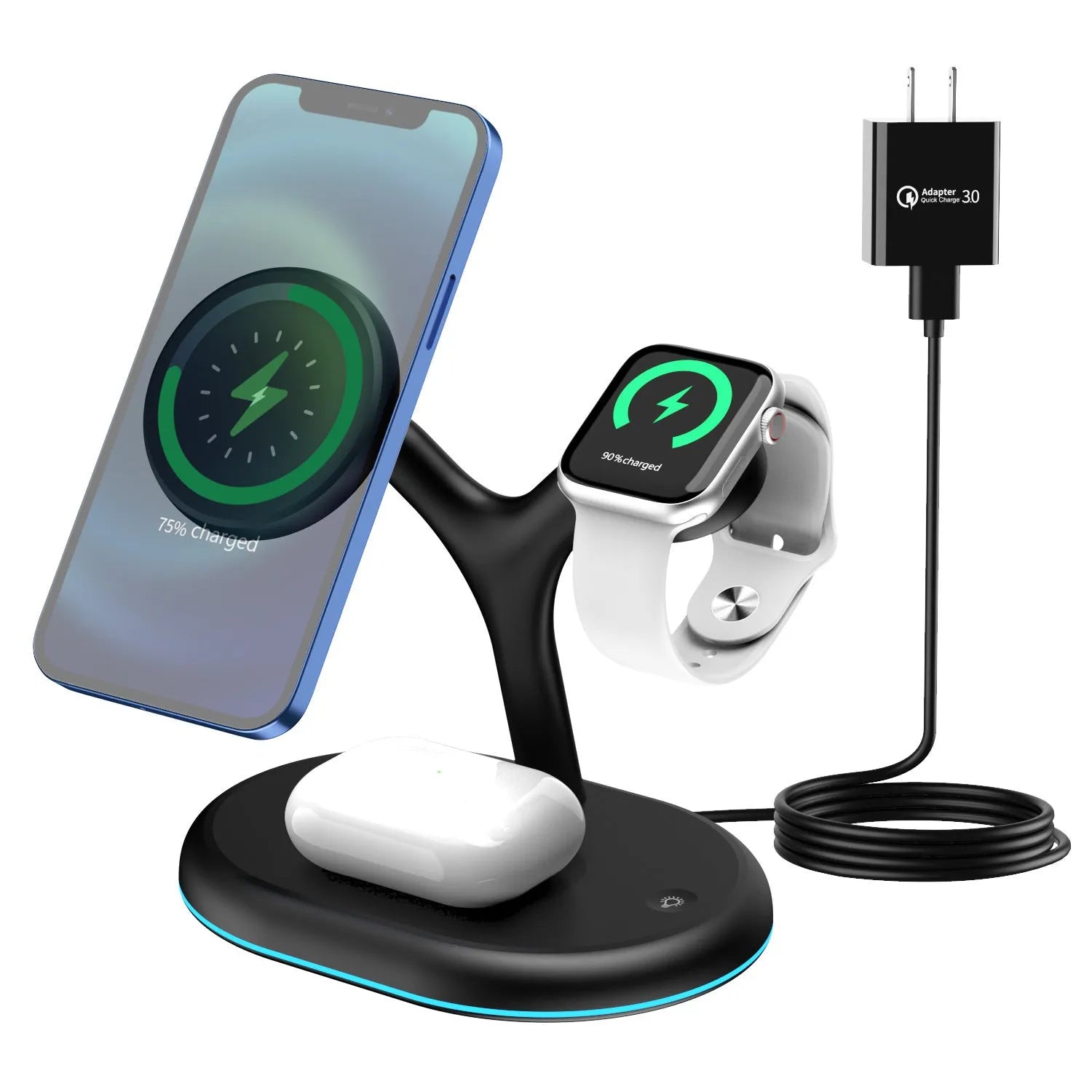 Black three-in-one magnetic wireless charger for mobile phones and earbuds on a table.
