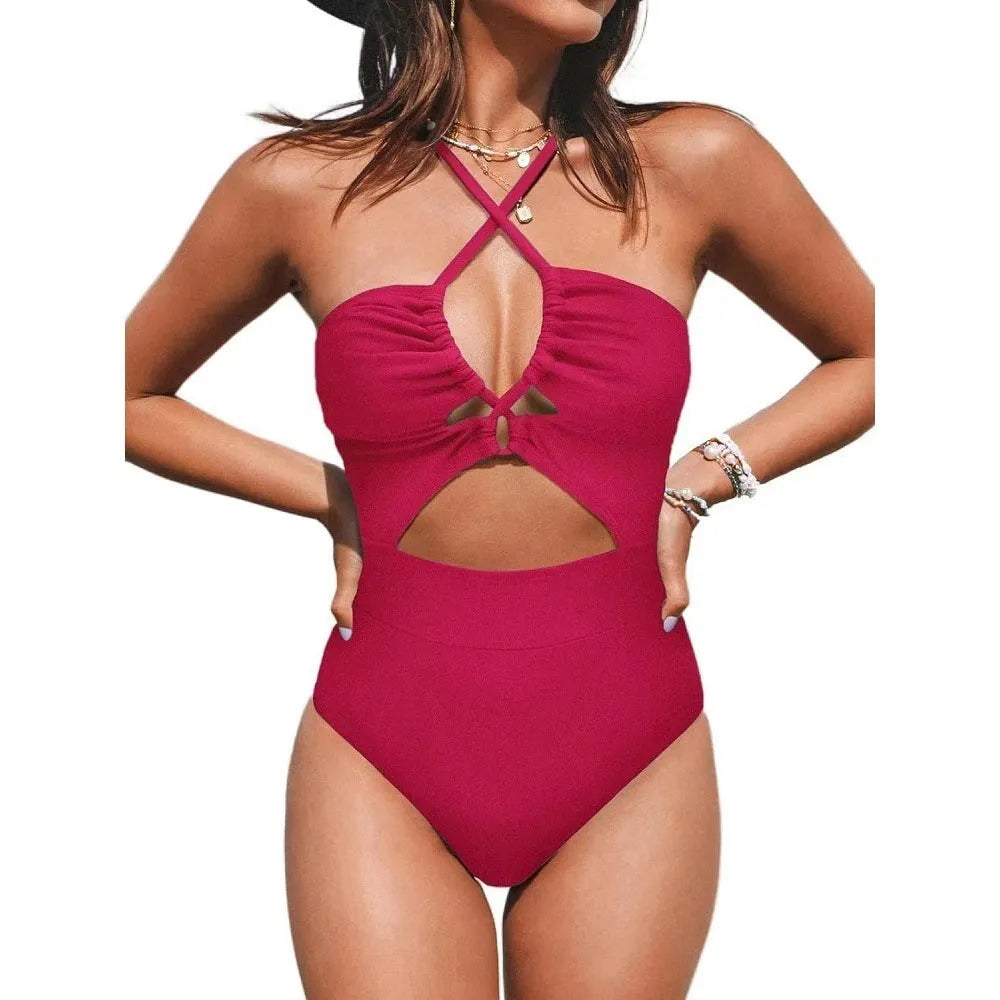 Women's solid colour backless one-piece swimsuit in polyester with high elasticity