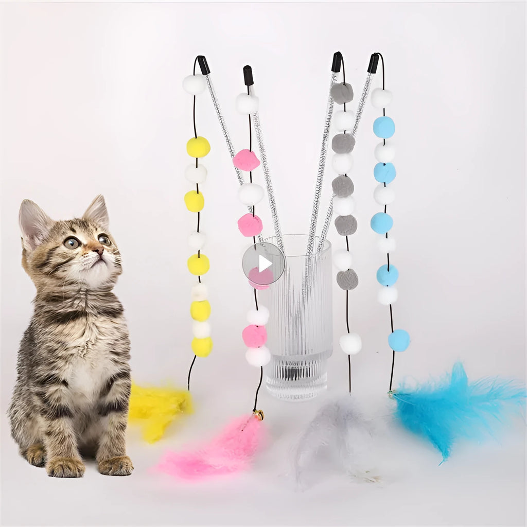 31cm long cat teaser rod with pompon feather and bell attachments in multiple colour options
