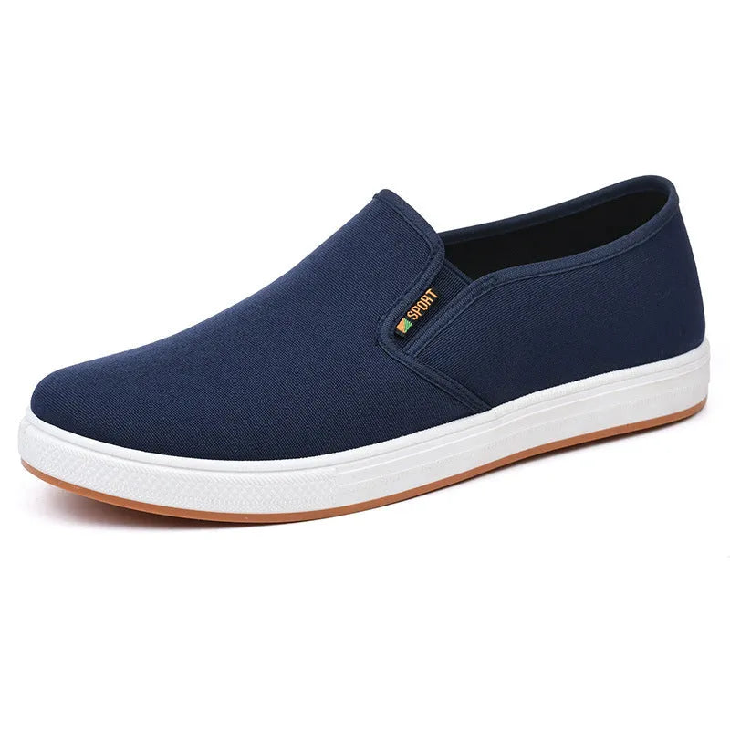 Men's black and blue canvas slip-on cloth shoes with round toe and shallow mouth design