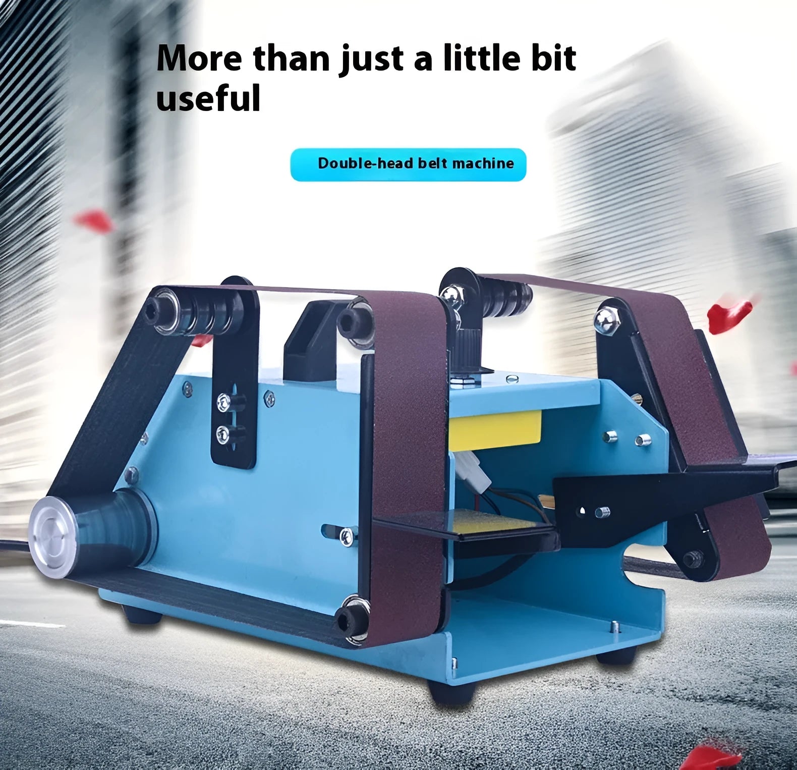 Blue desktop dual-axis belt sander with two sanding heads for knife sharpening