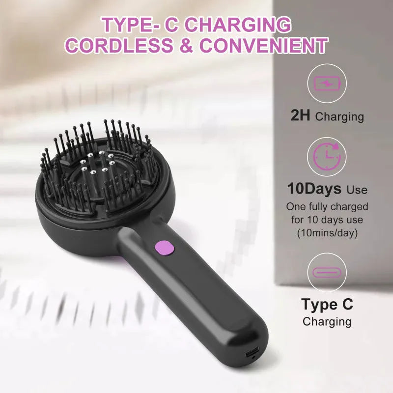 USB-powered anti-leak head massage tingler comb in black, gray, or red with mechanical speed control.