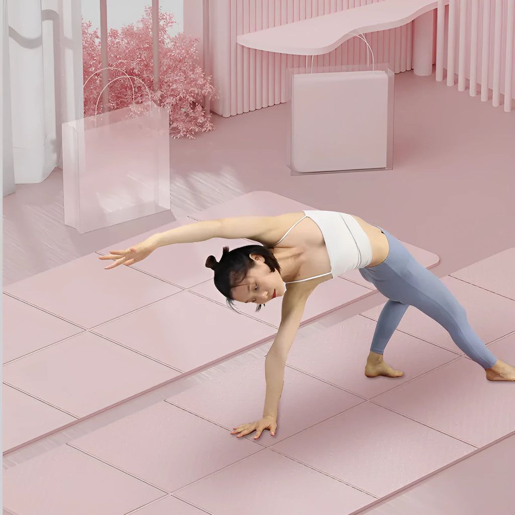 Folded and unfolded purple TPE gymnastic mat on a wooden floor, showing its six-fold design and non-slip texture.