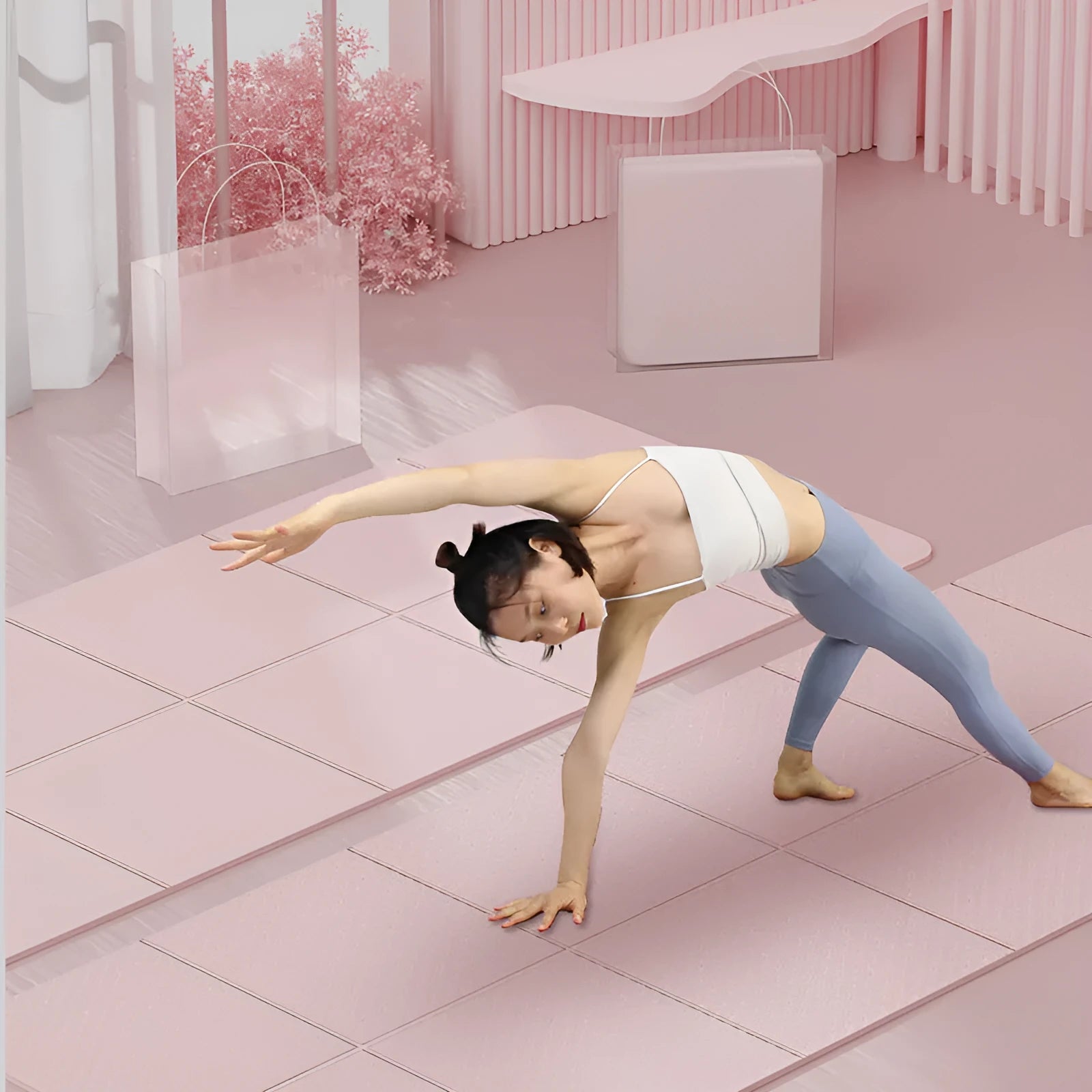 Folded and unfolded purple TPE gymnastic mat on a wooden floor, showing its six-fold design and non-slip texture.