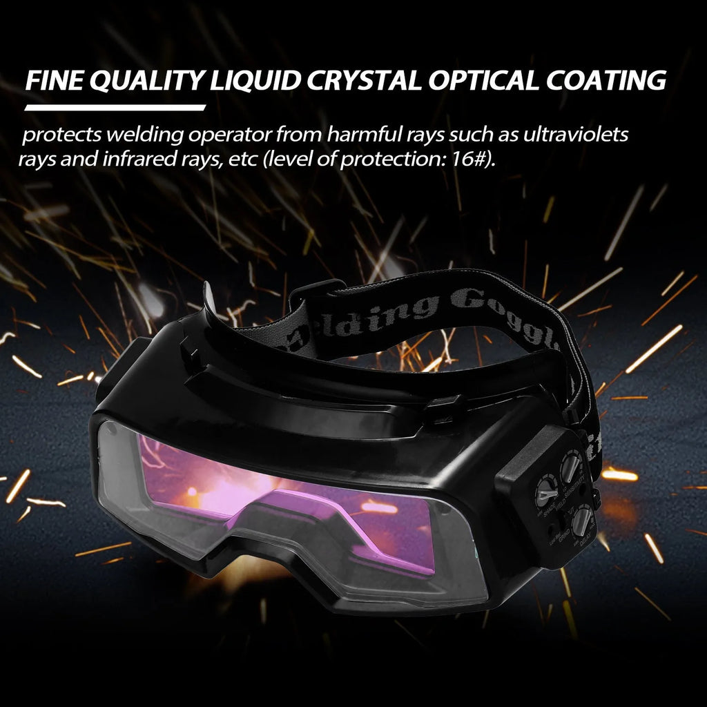 Black automatic darkening welding glasses with a large rectangular lens for arc welding protection.