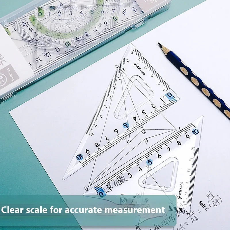 Youpai transparent acrylic drawing ruler set with square protractor and triangle rulers on a technical sketch.