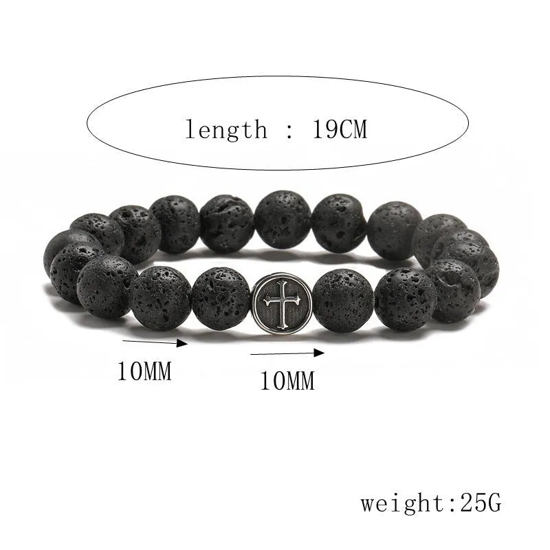 Geometric volcanic agate stone bracelet with 10mm beads and stainless steel clasp, showing natural lava-like patterning