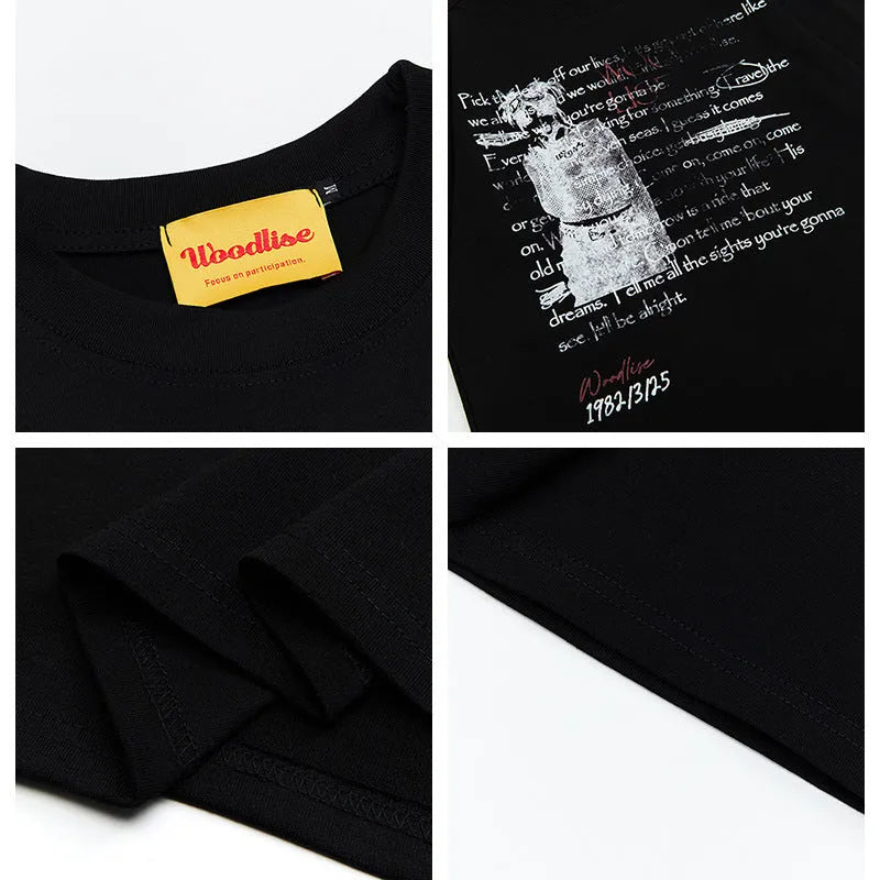 Men's black loose fit cotton T-shirt with white letter printing and raglan sleeves for retro hip hop style