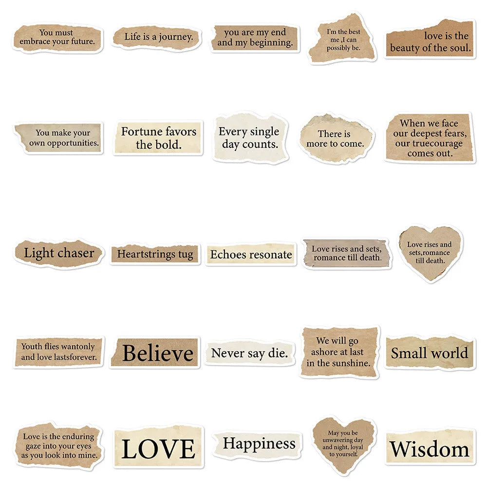 Torn English design laptop stickers in assorted sizes from 4 to 7 centimetres