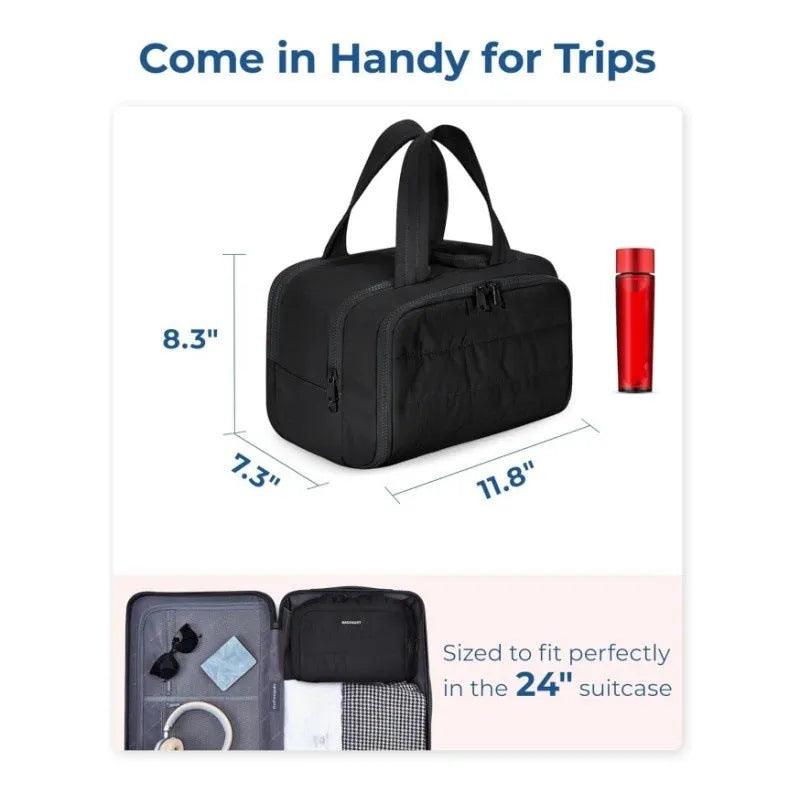 Large travel toiletry bag with wide-open design showing interior storage space