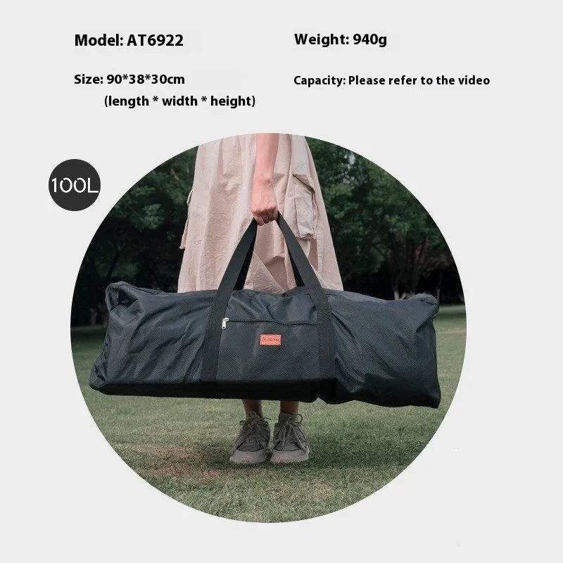 Green waterproof camping storage bag for folding tables and chairs showing expanded and folded sizes