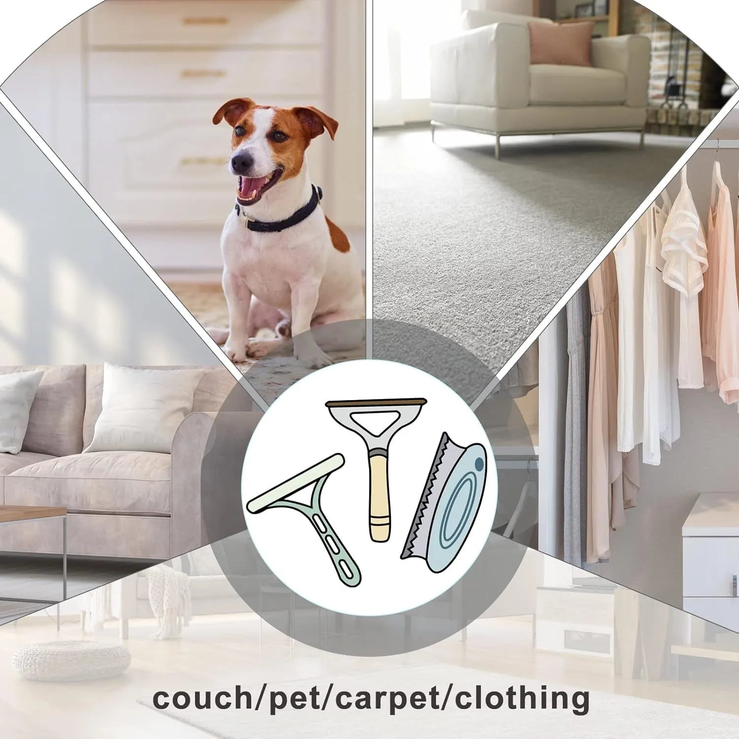 Three pet hair removal tools: a metal lint shaver, a double-row silicone brush, and a round ABS+TPR cleaner.
