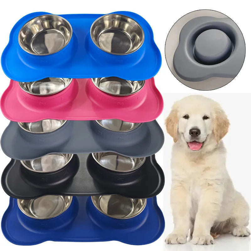Large silicone pet feeding mat with two stainless steel bowls in silver grey colour