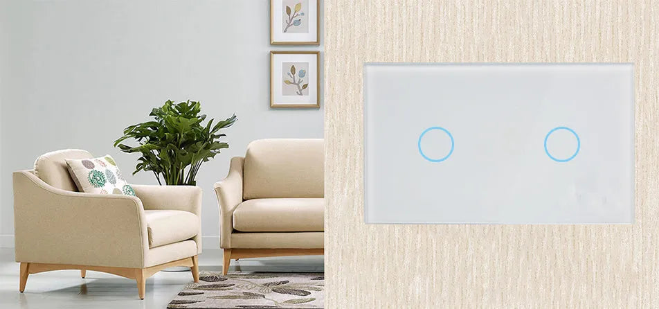 2-gang RF touch light switch with tempered glass panel in white colour showing touch controls