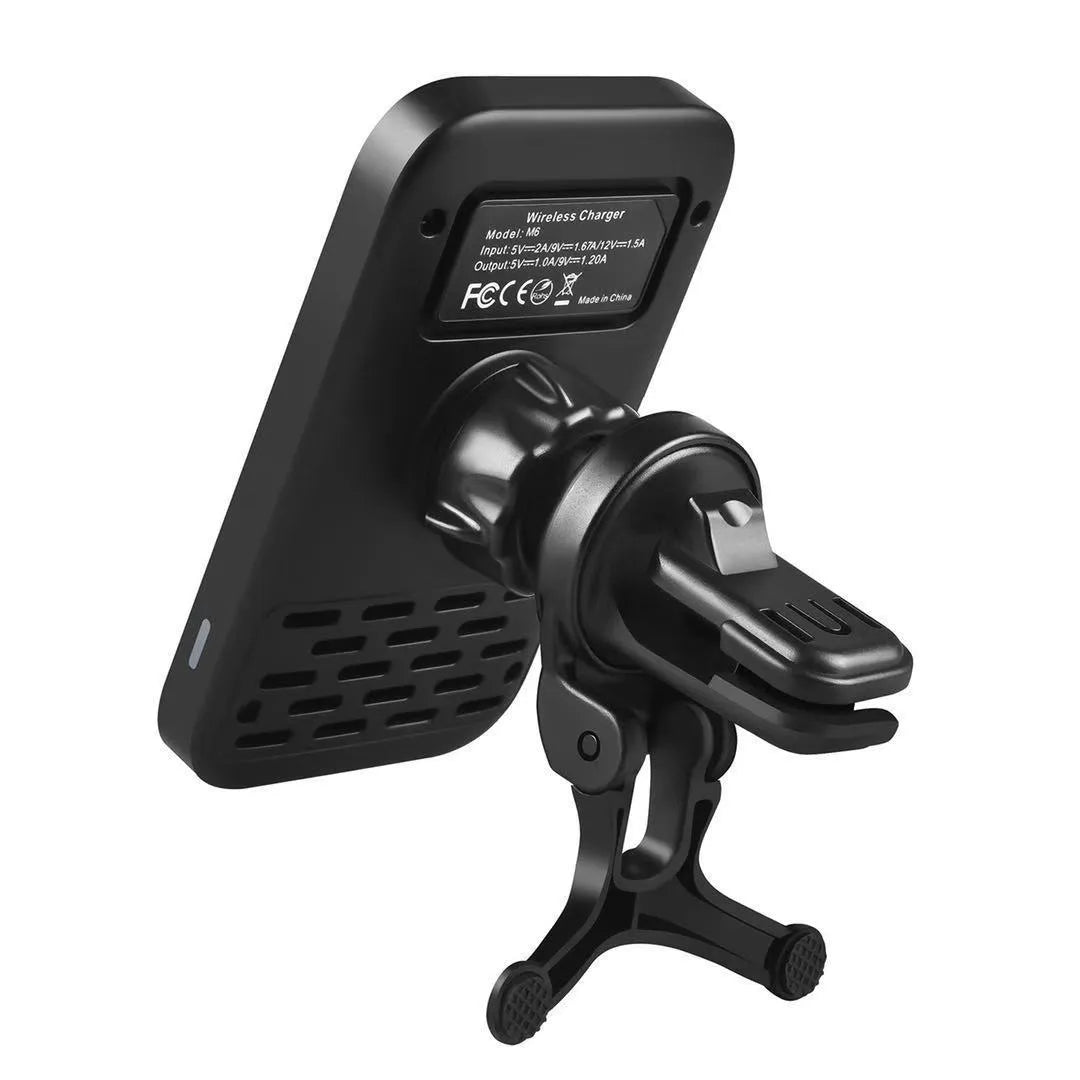 Black M6 magnetic wireless car charging bracket mounted on a car dashboard.